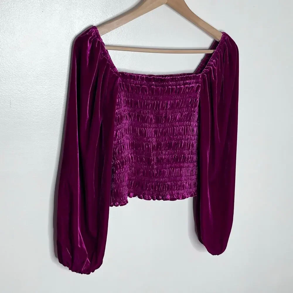 Anthropologie Velvet Smocked Puff Sleeve Crop Top XS